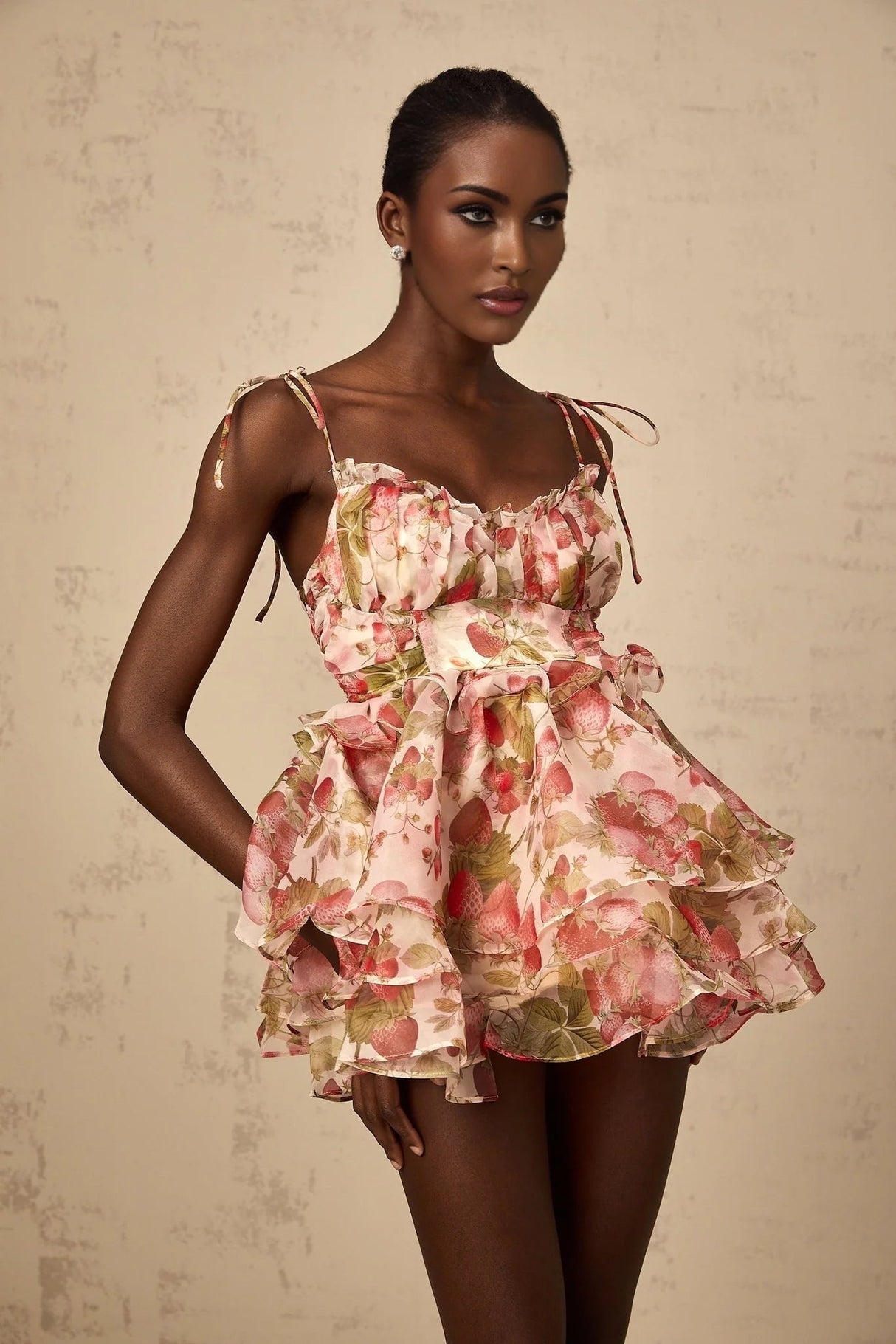 Antonella Mini Dress Strawberry - Print Tiered Flounce & Lace - Up