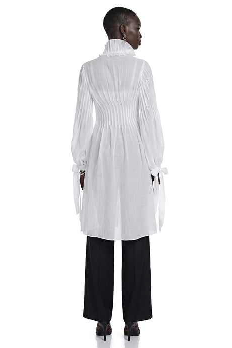 Antonella White Puff Sleeve Midi Dress with Ruffled Neckline
