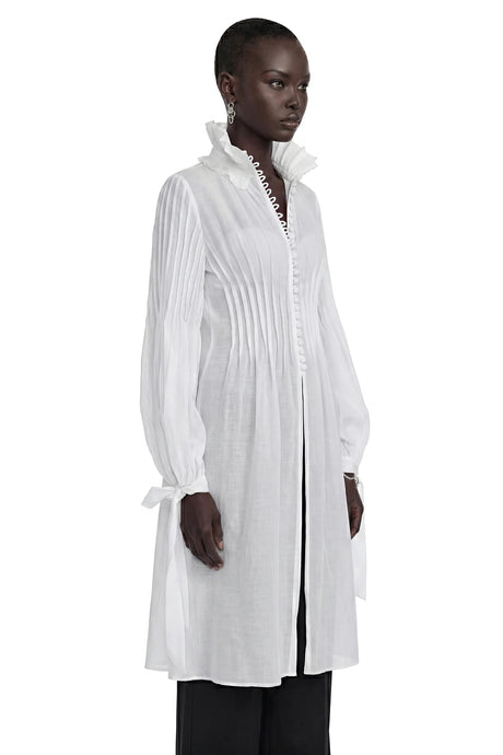 Antonella White Puff Sleeve Midi Dress with Ruffled Neckline