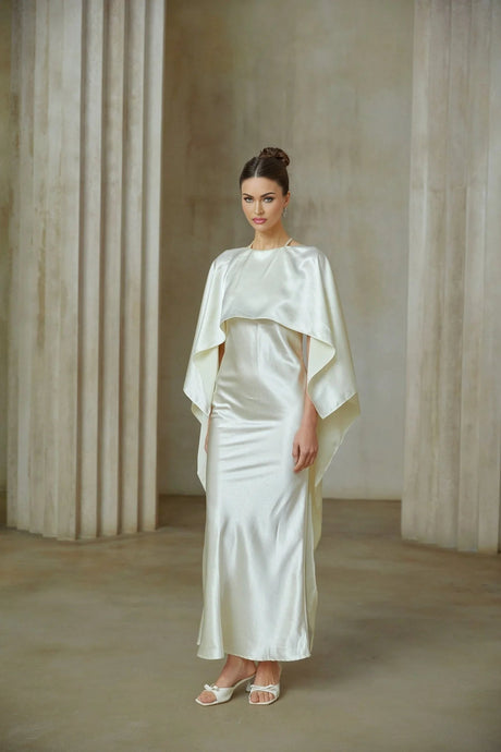 Antonia Maxi Dress White Satin Shawl - Panel With Open Back & Cinched Waist