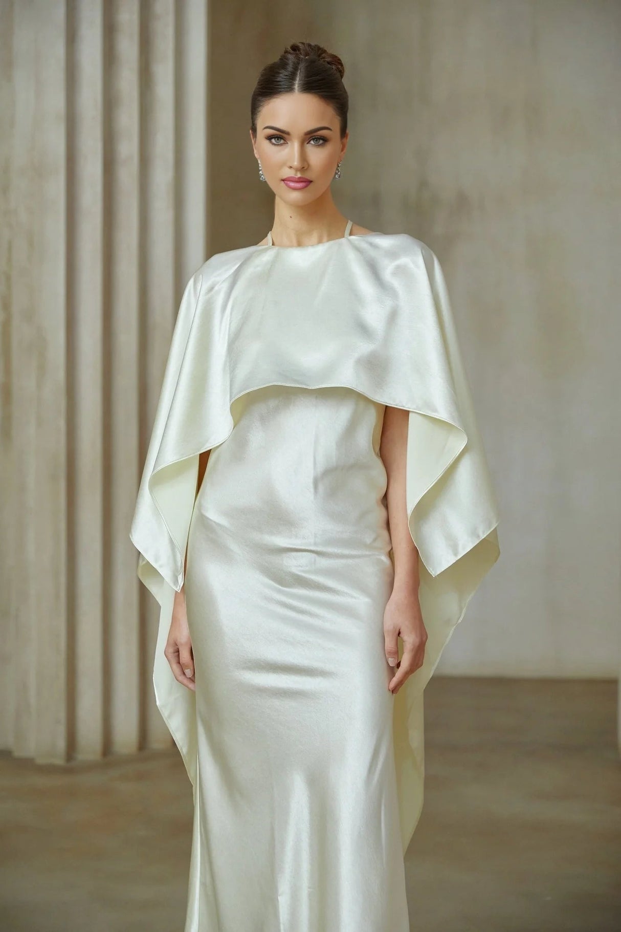 Antonia Maxi Dress White Satin Shawl - Panel With Open Back & Cinched Waist