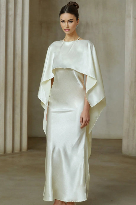 Antonia Maxi Dress White Satin Shawl - Panel With Open Back & Cinched Waist