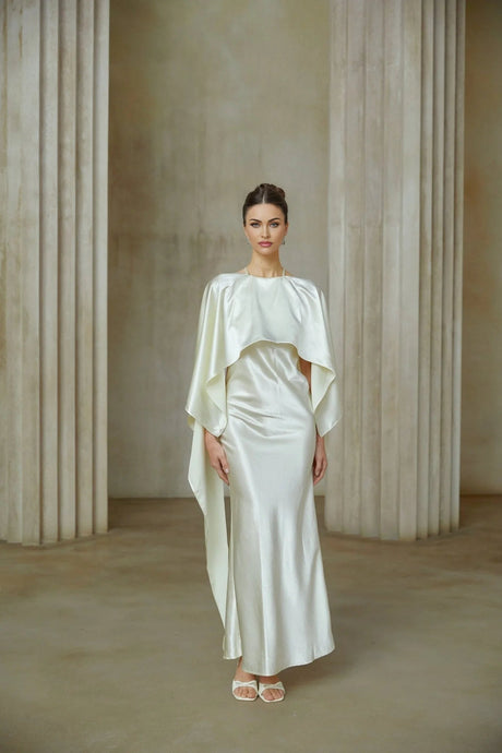 Antonia Maxi Dress White Satin Shawl - Panel With Open Back & Cinched Waist