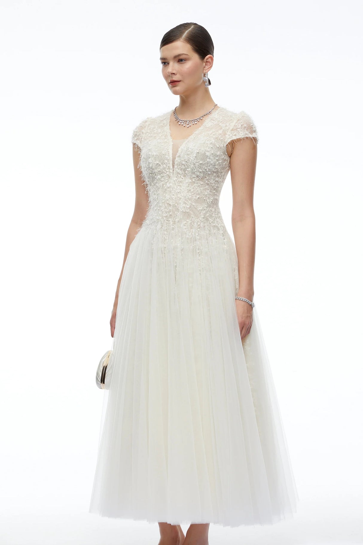 Antonia White Plunge Neck Midi Dress with Cap Sleeves