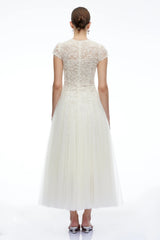 Antonia White Plunge Neck Midi Dress with Cap Sleeves