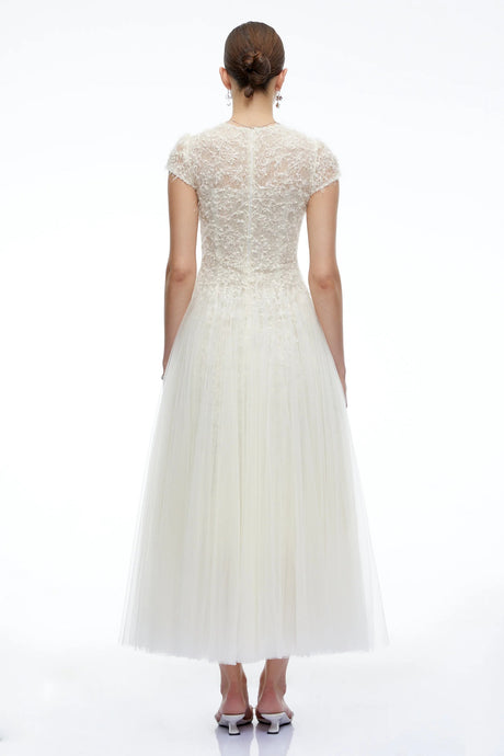 Antonia White Plunge Neck Midi Dress with Cap Sleeves