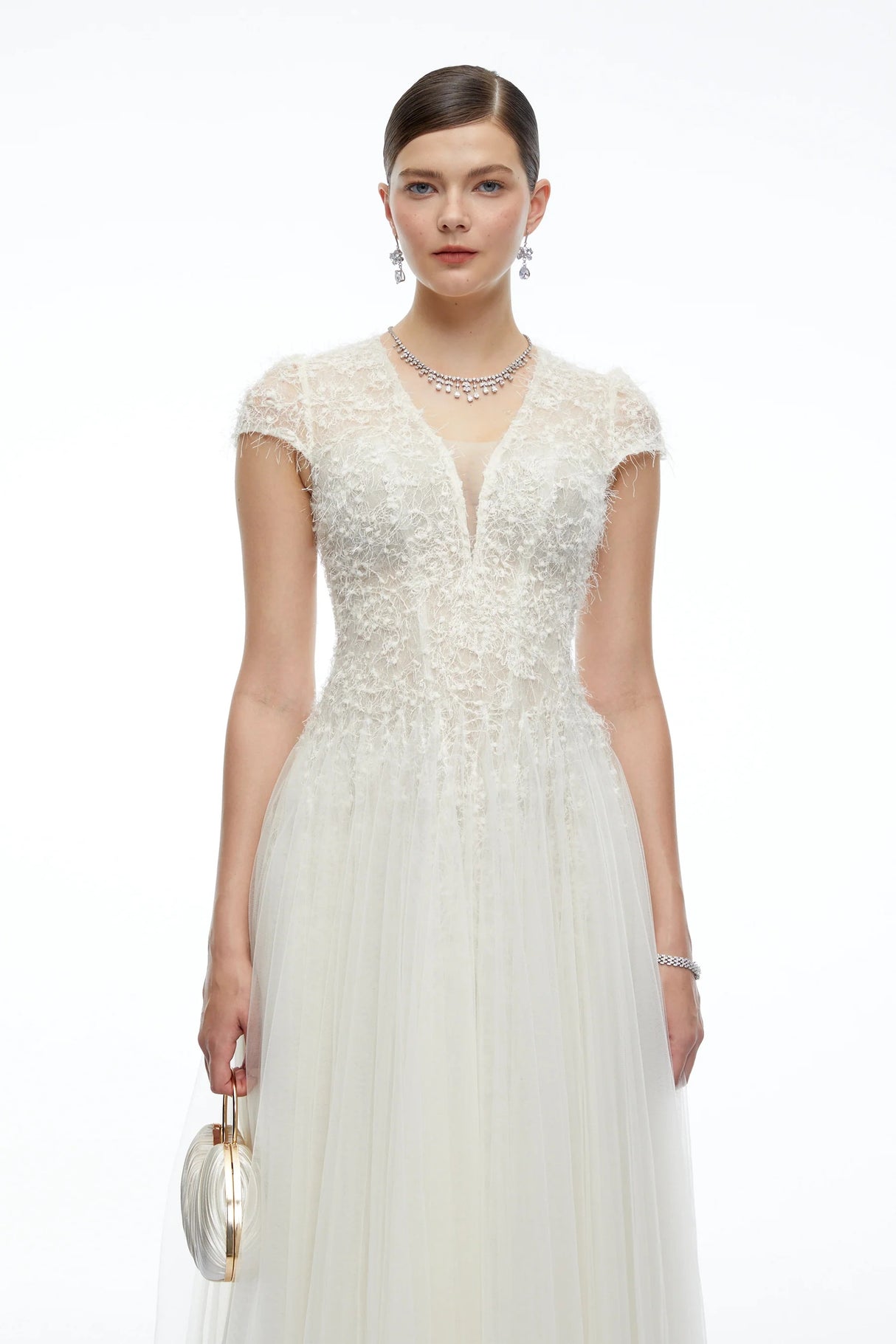 Antonia White Plunge Neck Midi Dress with Cap Sleeves