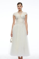 Antonia White Plunge Neck Midi Dress with Cap Sleeves
