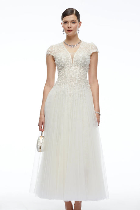 Antonia White Plunge Neck Midi Dress with Cap Sleeves