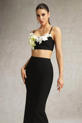 Antonietta Black Bandage Maxi Dress with Floral Embellishments