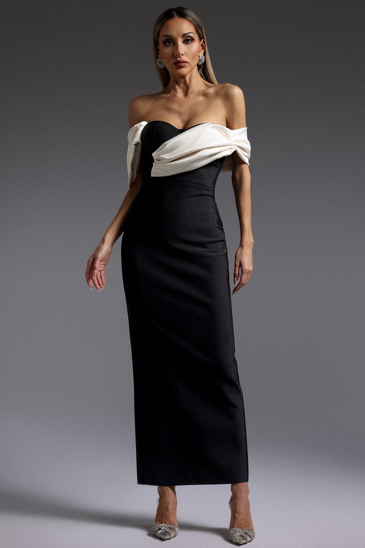 Antonietta Black Off-Shoulder Draped Maxi Dress