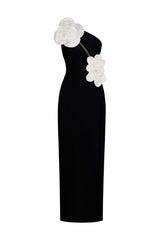 Antonietta Black One-Shoulder Maxi Dress with Floral Detailing and High Slit