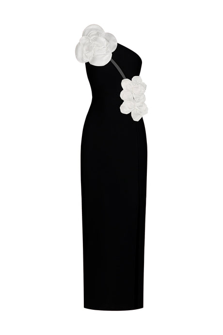 Antonietta Black One-Shoulder Maxi Dress with Floral Detailing and High Slit