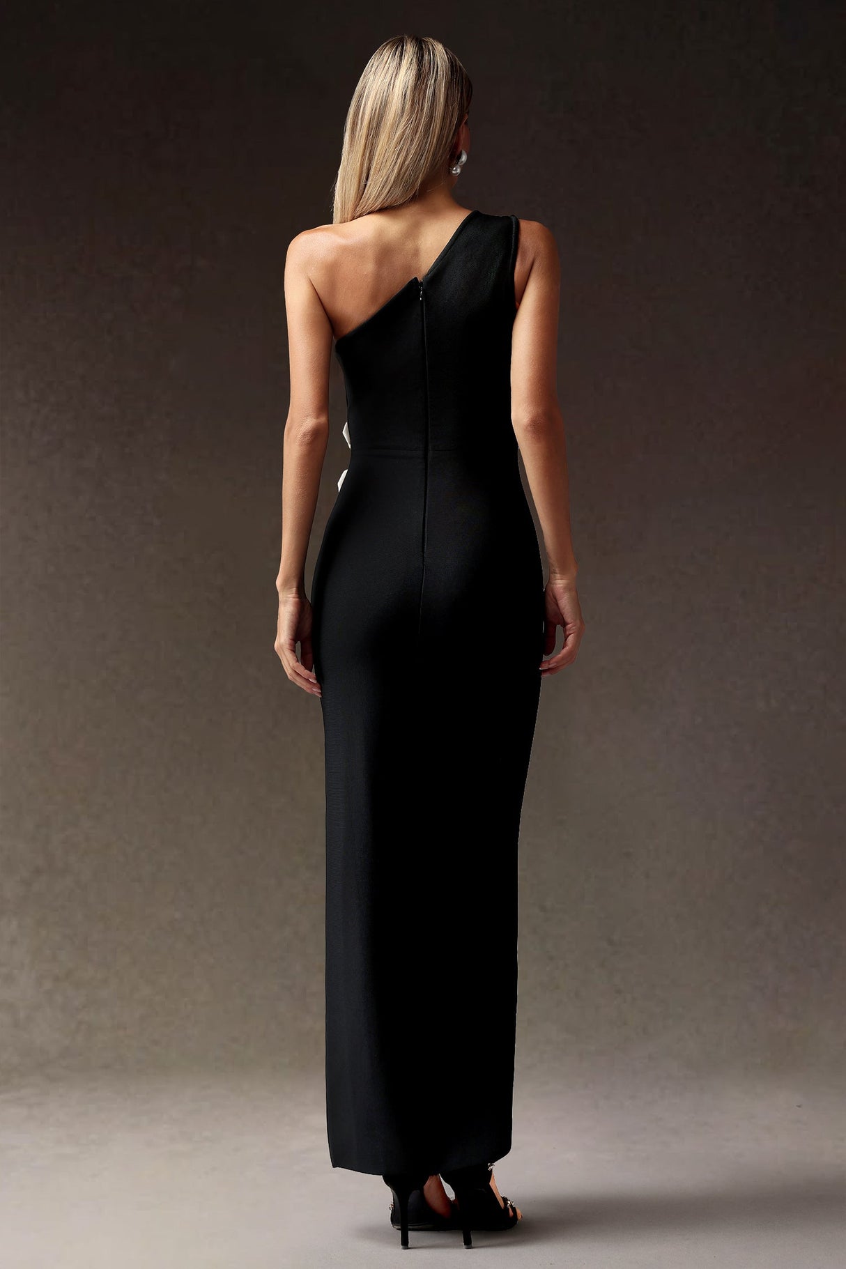 Antonietta Black One-Shoulder Maxi Dress with High Slit and Floral Detailing