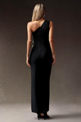 Antonietta Black One-Shoulder Maxi Dress with High Slit and Floral Detailing