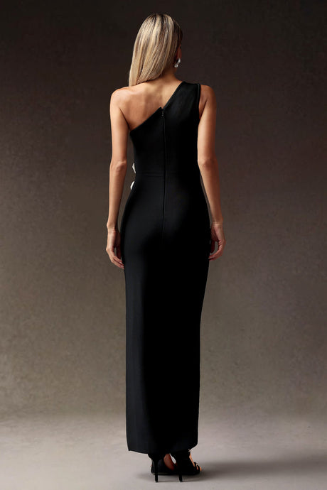Antonietta Black One-Shoulder Maxi Dress with High Slit and Floral Detailing