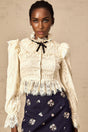Antonietta Blouse - Flared Cuffs - Frilled Neck - Bow Detailing - Floral Lace Overlay - Cropped