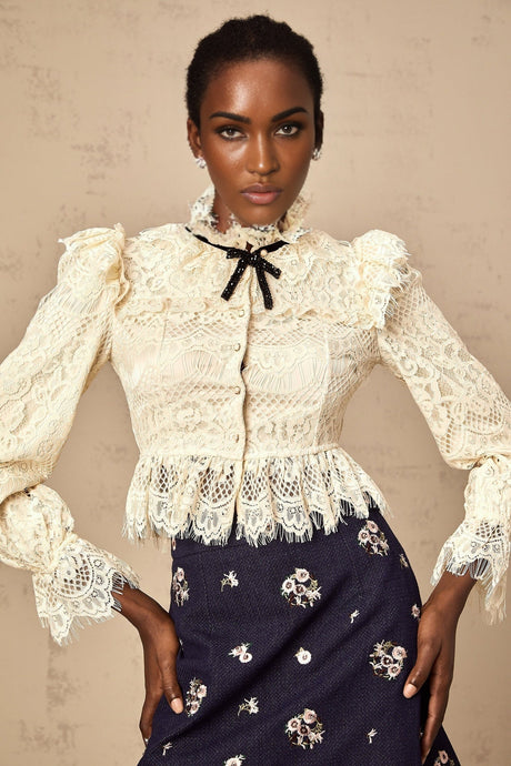 Antonietta Blouse - Flared Cuffs - Frilled Neck - Bow Detailing - Floral Lace Overlay - Cropped