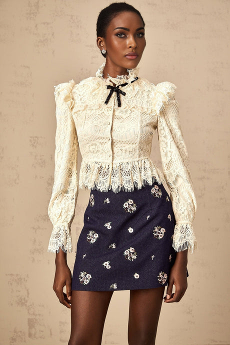Antonietta Blouse - Flared Cuffs - Frilled Neck - Bow Detailing - Floral Lace Overlay - Cropped