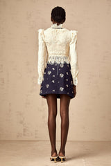 Antonietta Blouse - Flared Cuffs - Frilled Neck - Bow Detailing - Floral Lace Overlay - Cropped