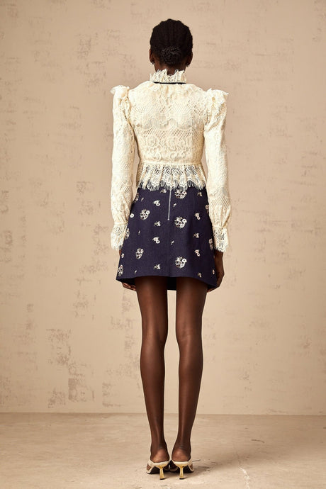 Antonietta Blouse - Flared Cuffs - Frilled Neck - Bow Detailing - Floral Lace Overlay - Cropped