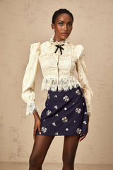Antonietta Blouse - Flared Cuffs - Frilled Neck - Bow Detailing - Floral Lace Overlay - Cropped