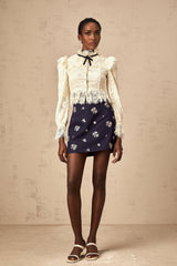 Antonietta Blouse - Flared Cuffs - Frilled Neck - Bow Detailing - Floral Lace Overlay - Cropped