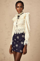 Antonietta Blouse - Flared Cuffs - Frilled Neck - Bow Detailing - Floral Lace Overlay - Cropped