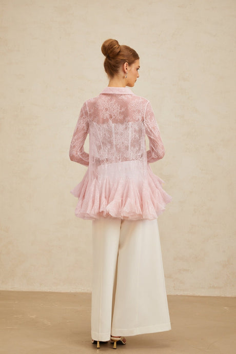 Antonietta Blouse - Pointed Collar - Flared Sleeves - Semi - Sheer Lace - Ruffled Sequin Embellished - Peplum Hem