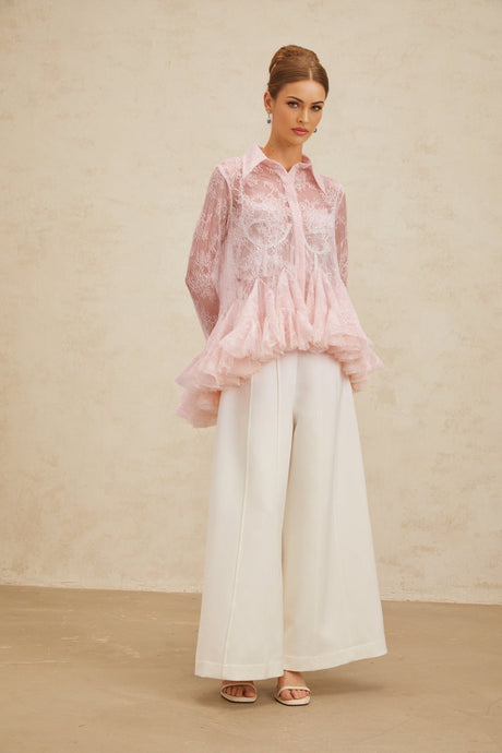 Antonietta Blouse - Pointed Collar - Flared Sleeves - Semi - Sheer Lace - Ruffled Sequin Embellished - Peplum Hem
