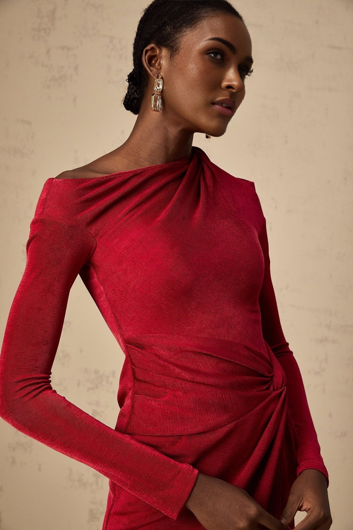 Antonietta Midi Dress - One - Shoulder Design - Long Sleeves - Cut - Out Detailing - High Slit