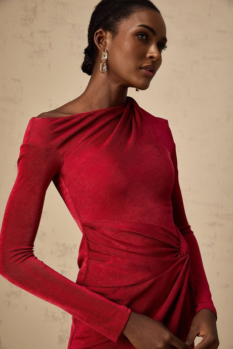 Antonietta Midi Dress - One - Shoulder Design - Long Sleeves - Cut - Out Detailing - High Slit