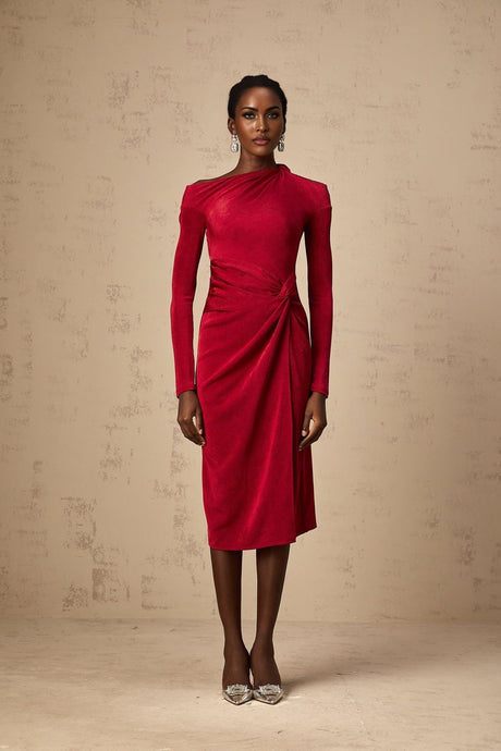 Antonietta Midi Dress - One - Shoulder Design - Long Sleeves - Cut - Out Detailing - High Slit