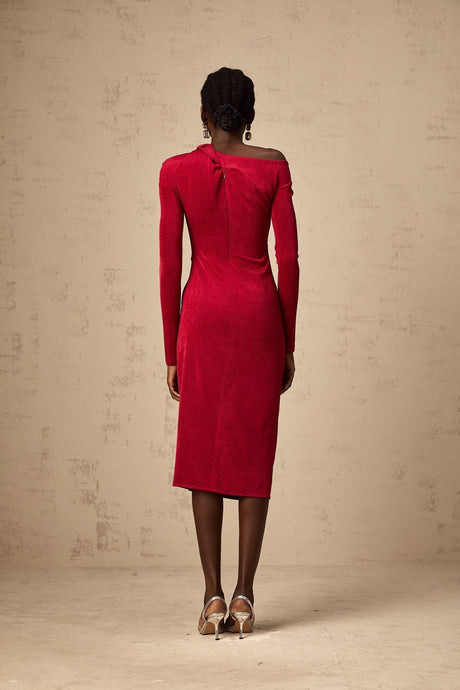Antonietta Midi Dress - One - Shoulder Design - Long Sleeves - Cut - Out Detailing - High Slit