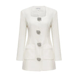 Antonietta Mini Dress - Long Sleeve - Front Button Detailing - Square Neck - Straight Hem