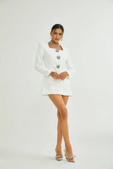 Antonietta Mini Dress - Long Sleeve - Front Button Detailing - Square Neck - Straight Hem