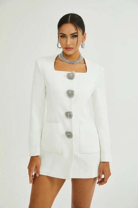 Antonietta Mini Dress - Long Sleeve - Front Button Detailing - Square Neck - Straight Hem
