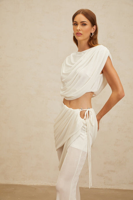Antonietta Top & Trousers Set - Bateau Neck - Ruched Detailing - Asymmetrical Design - Flared Hem - Self - Tie Fastening