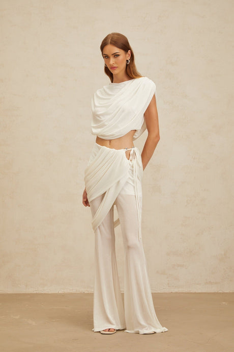 Antonietta Top & Trousers Set - Bateau Neck - Ruched Detailing - Asymmetrical Design - Flared Hem - Self - Tie Fastening
