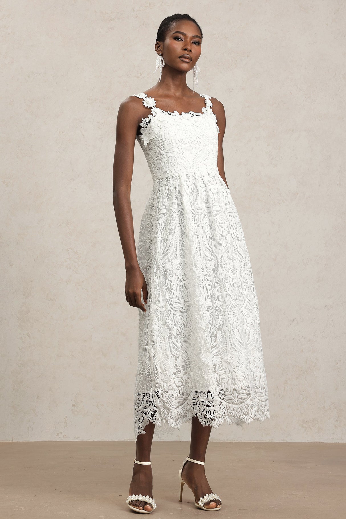 Antonietta White Lace Halter Neck Floral Embellished Dress for Weddings and Garden Parties