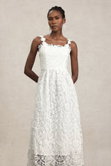 Antonietta White Lace Halter Neckline Floral Embellished Dress for Weddings and Garden Parties