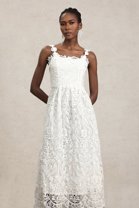 Antonietta White Lace Halter Neckline Floral Embellished Dress for Weddings and Garden Parties