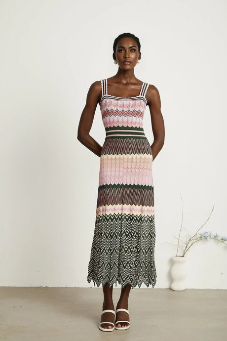 Antonina Midi Dress - Sleeveless - Scoop Neck - Wide Straps - Scalloped Edge