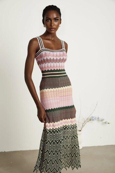 Antonina Midi Dress - Sleeveless - Scoop Neck - Wide Straps - Scalloped Edge