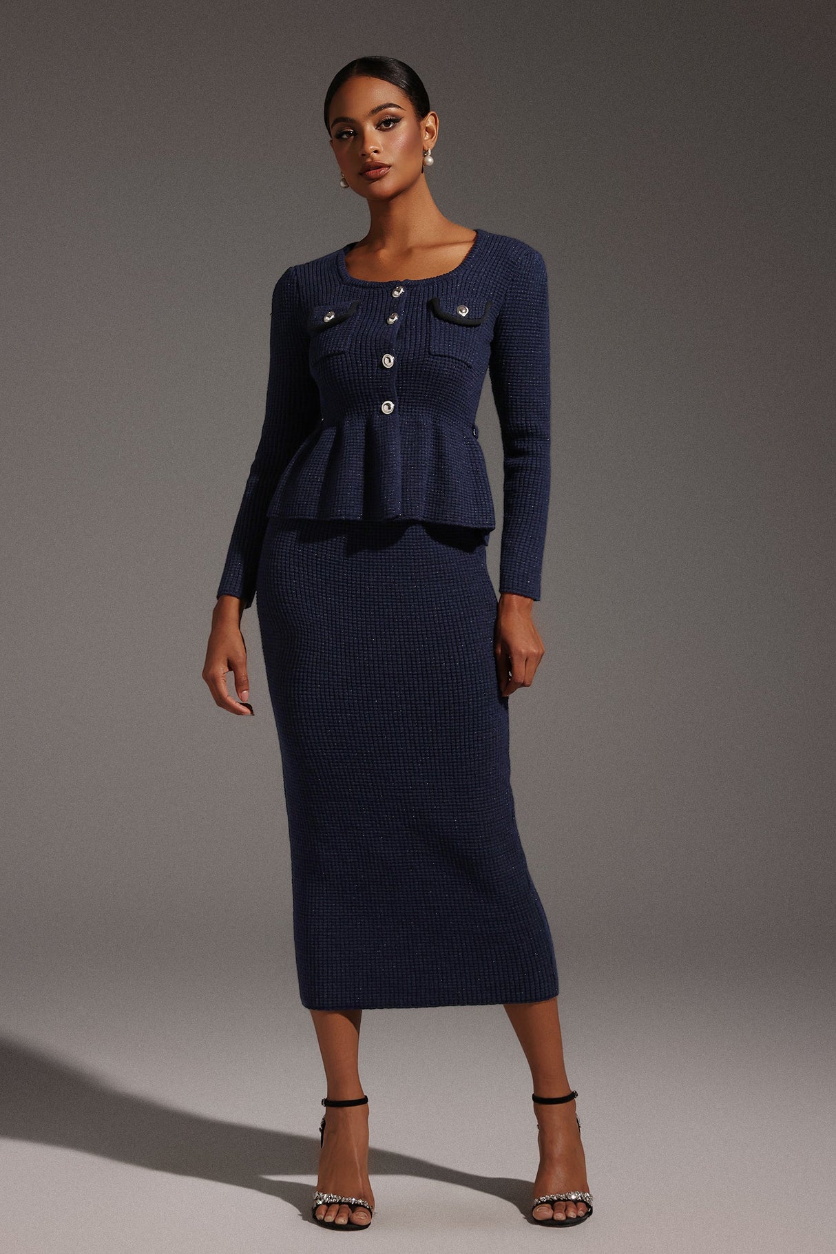 Antonina Navy Fishtail Hem Dress with Squared Collar and Peplum Waist