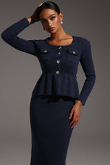 Antonina Navy Fishtail Hem Dress with Squared Collar and Peplum Waist