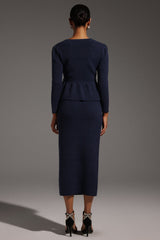 Antonina Navy Fishtail Hem Dress with Squared Collar and Peplum Waist