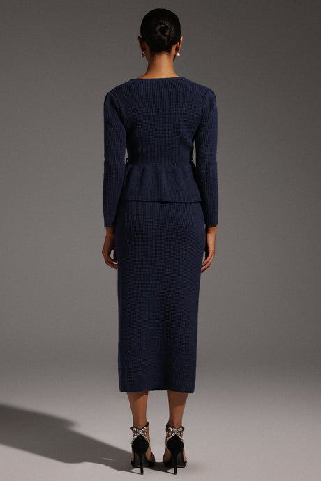 Antonina Navy Fishtail Hem Dress with Squared Collar and Peplum Waist