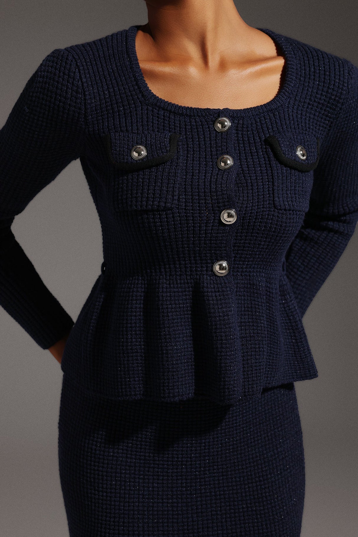 Antonina Navy Fishtail Hem Dress with Squared Collar and Peplum Waist