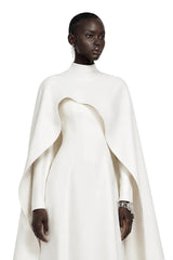 Antonina White Cape Maxi Gown with Long Sleeves